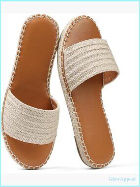 Straw Flat Sandals Dressy Summer Slip On Raffia Espadrille Slides